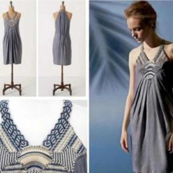 Anthropologie Ranna Gill Wilten Chambray Embroidered Halter Dress Size Small - Picture 2 of 8
